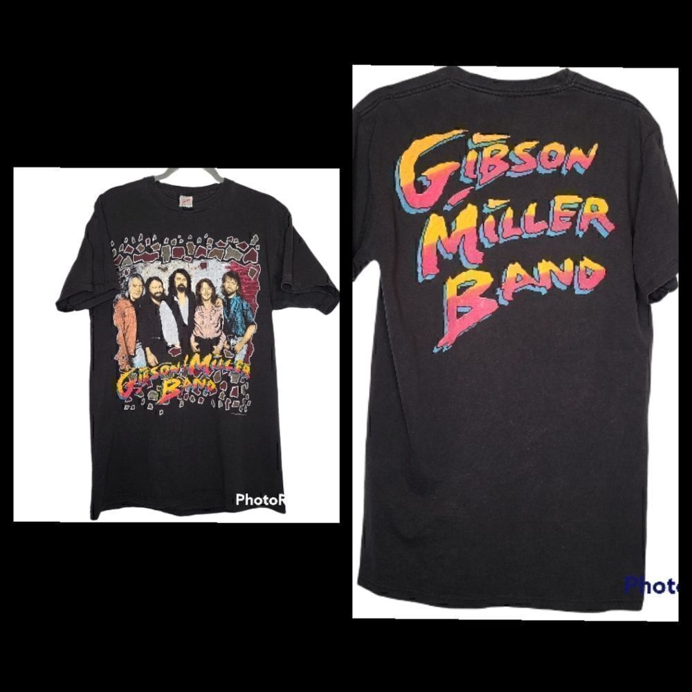 VTG Large Black Gibson Miller Band Tee 90s Rare Double Graphic Jerzees Tag Color